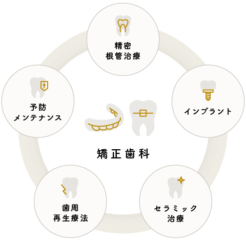 矯正歯科、精密根管治療、インプラント、セラミック治療、歯周再生療法、予防メンテナンス